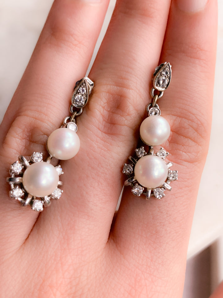 14ct White Gold Pearl Snowflake Earrings circa 1950