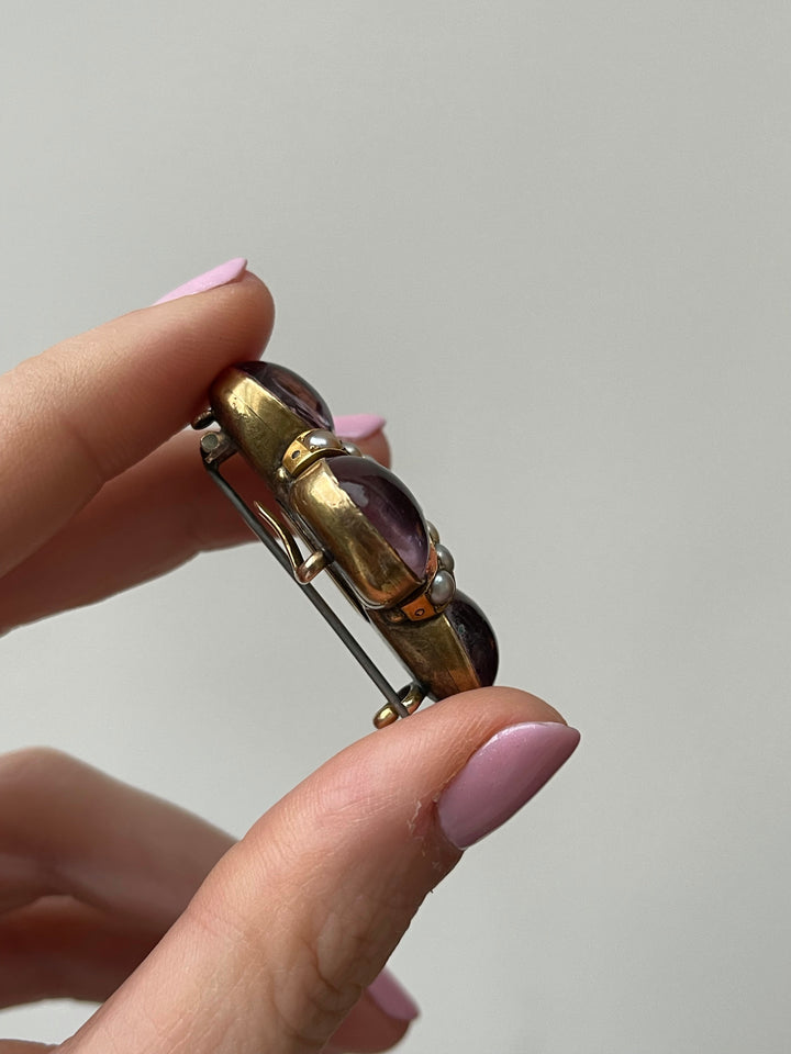 Victorian Vivid Pink Foiled Rock Crystal Brooch in 15k with Pearls