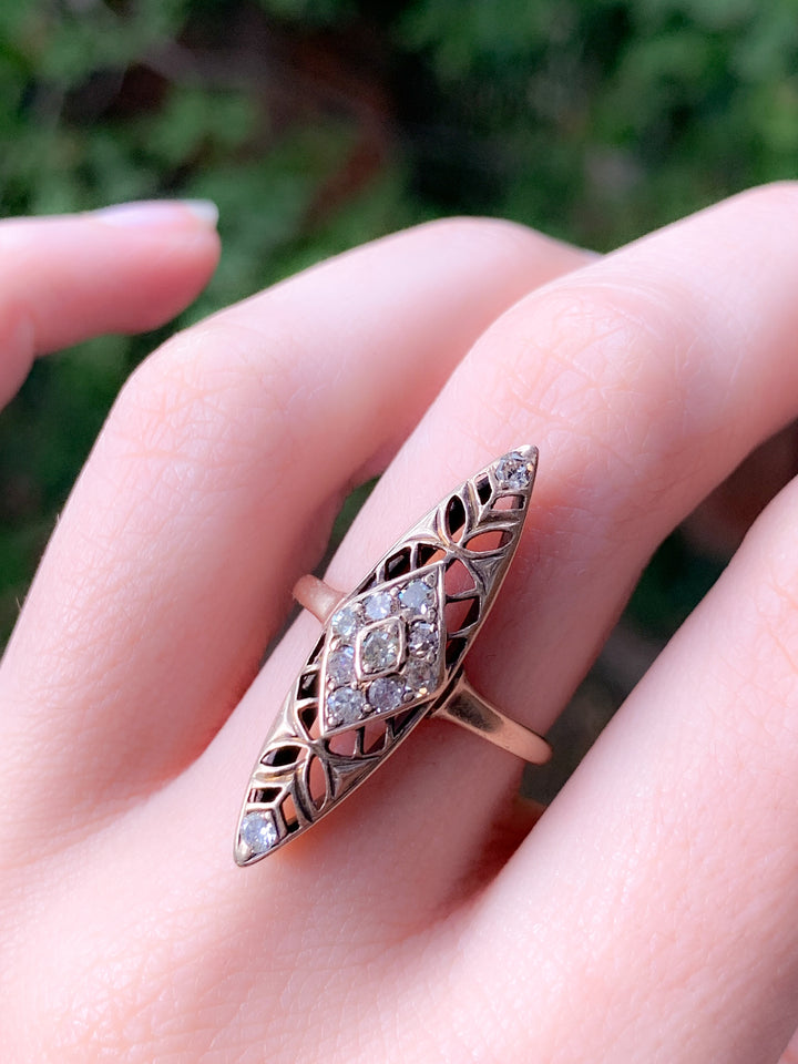 Arts and Crafts Diamond Navette Ring in 18k + Moonstone & Garnet Ring COMBO