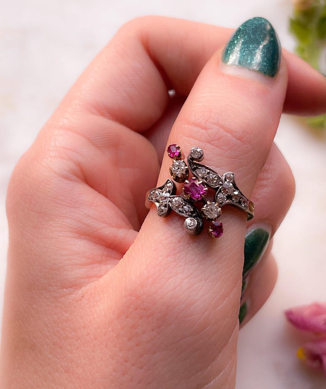 Pristine 18k Victorian Ruby and Diamond Floral Spray Ring with Silver Top
