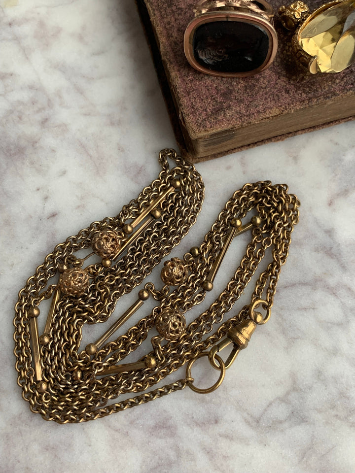 Exceptional Victorian Pinchbeck Perfume Bauble Chain *include red and purple ribbon*