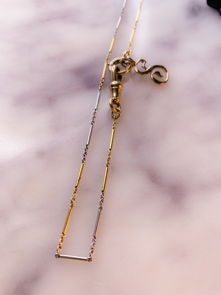 14k Vintage "S" Pendant + 14k American White and Yellow Gold Watch Chain *Include Baci Chocolates*