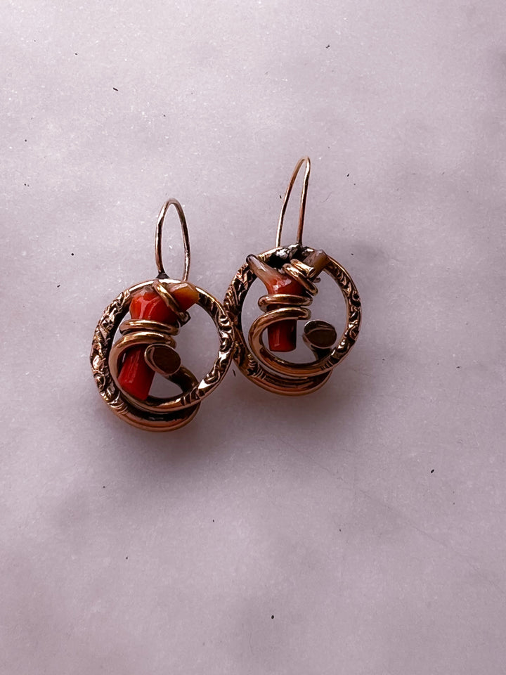 10k Victorian Coral Earrings with Love Knot Etched Wrap