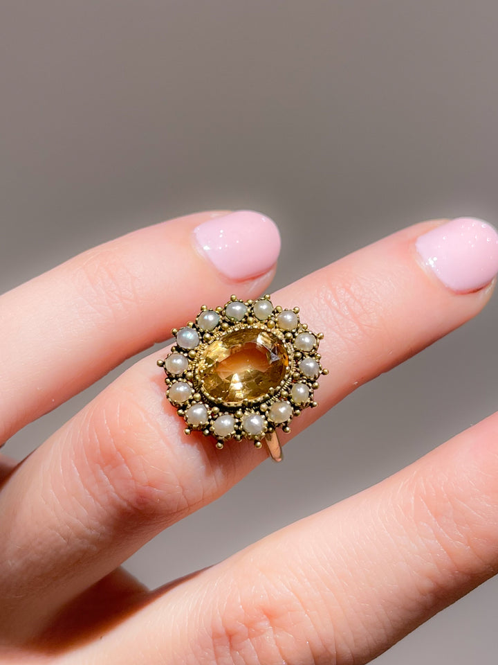 Superb 15ct Topaz and Pearl Mid Victorian Ring
