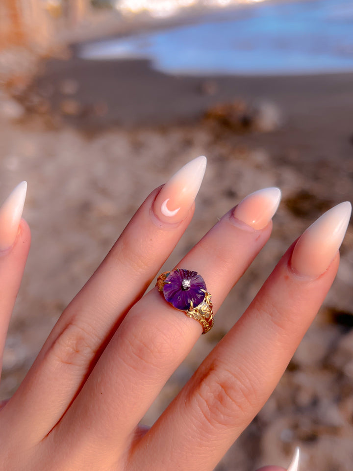 Exceptional Late 19th C Carved Amethyst Flower Conversion Ring