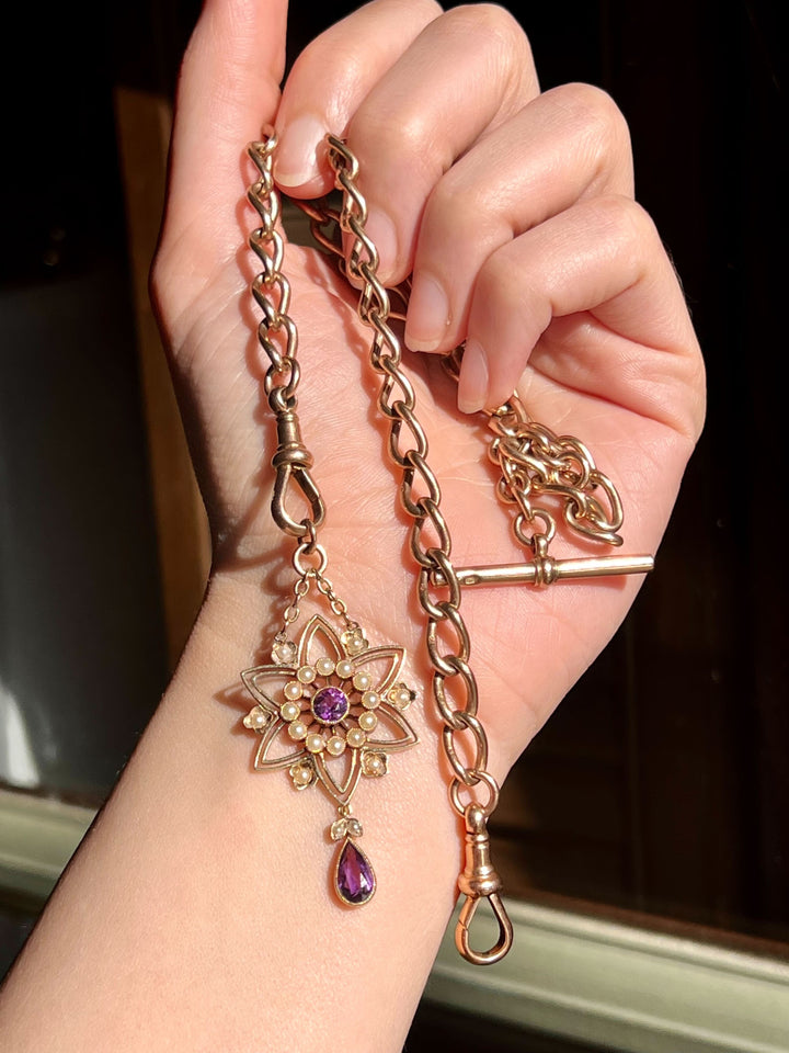 Exceptional 15k Edwardian Amethyst and Pearl Star Lavalier Circa 1910