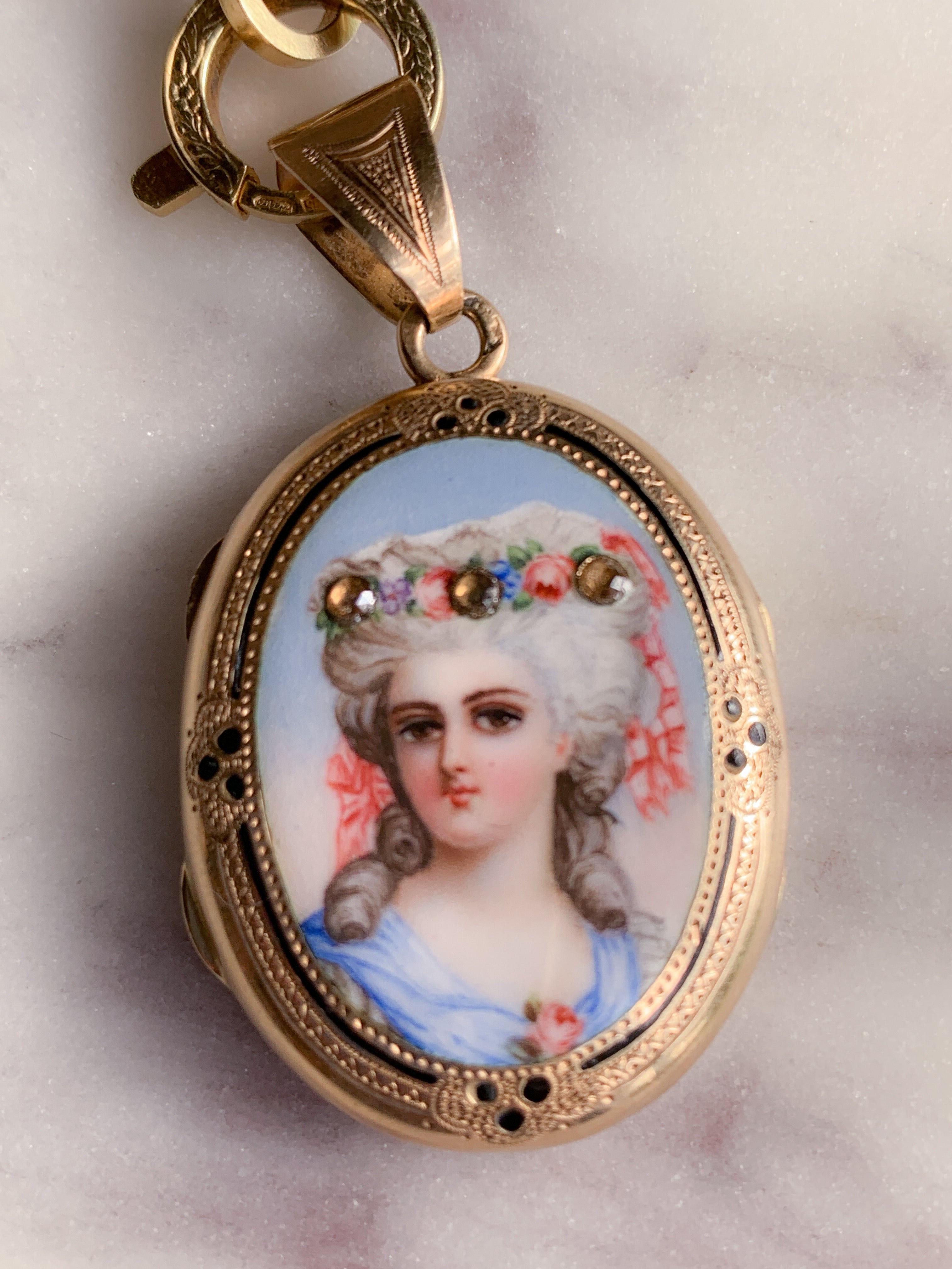 Victorian Portrait Locket of an 18th C Woman with Rose Diamonds