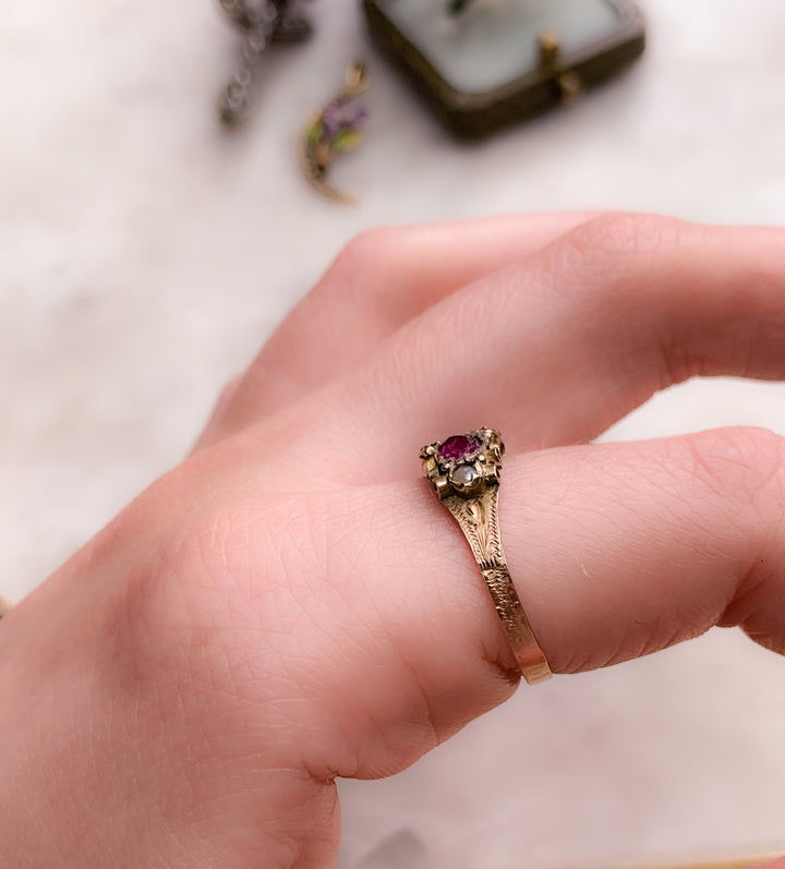 Antique 15k Tourmaline, Seed Pearl, and Paste Ring