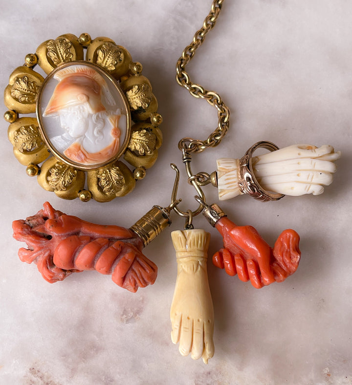 Mano Figa in Bone with Carved Cuff & Triple-Petal Forget-Me-Not Enameled Bow