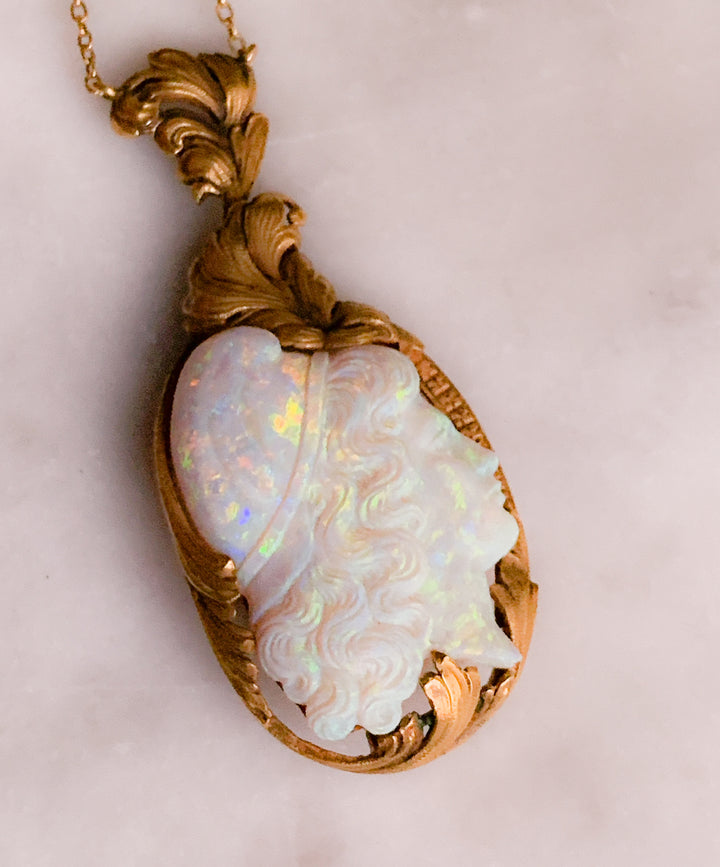 Outstanding French Belle Epoque Carved Opal Cameo of Adonis in 18k