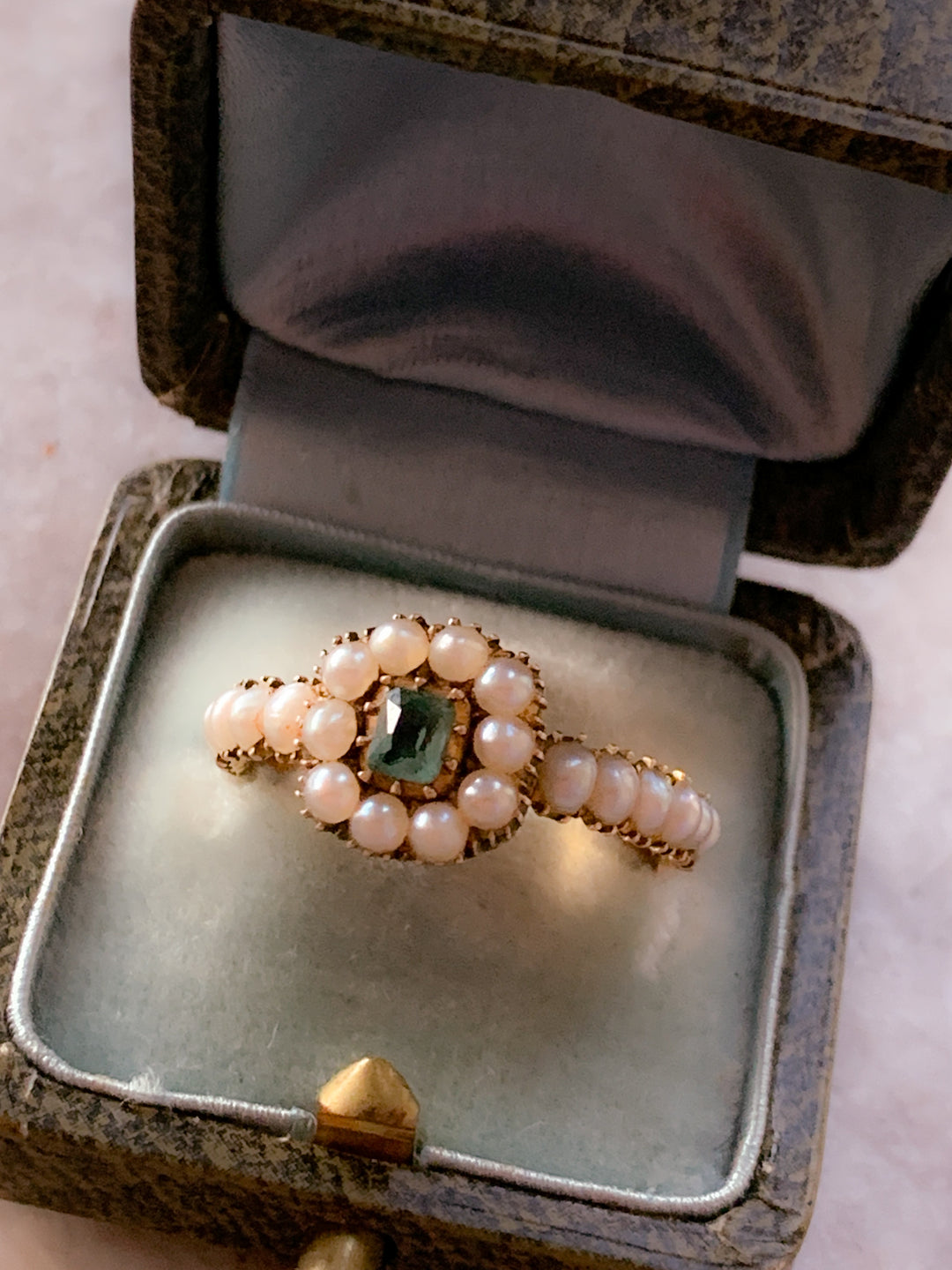 Superb Georgian Ring in 15k with Emerald Center and Pearl Halo