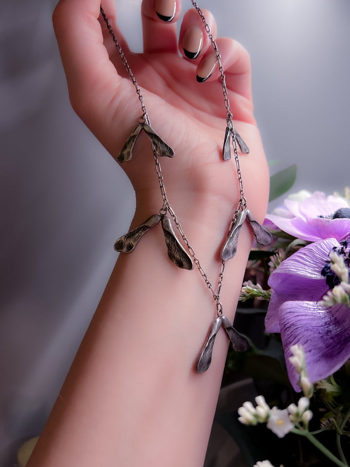 French Art Nouveau Coin Silver Sycamore Samara Necklace