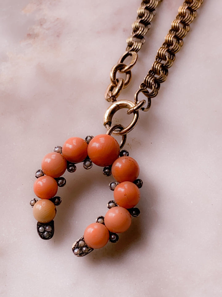 Coral and Pearl Horseshoe in 9k & Superb Victorian Sterling Heart Albertina Chain