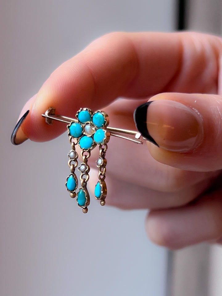 18ct Turquoise and Pearl Forget-Me-Not Bar Brooch C. 1870
