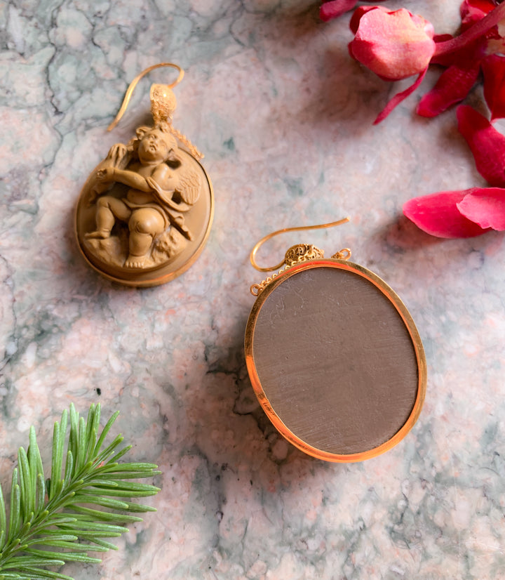 High Relief Italian Lava Cameo Earrings in 14k