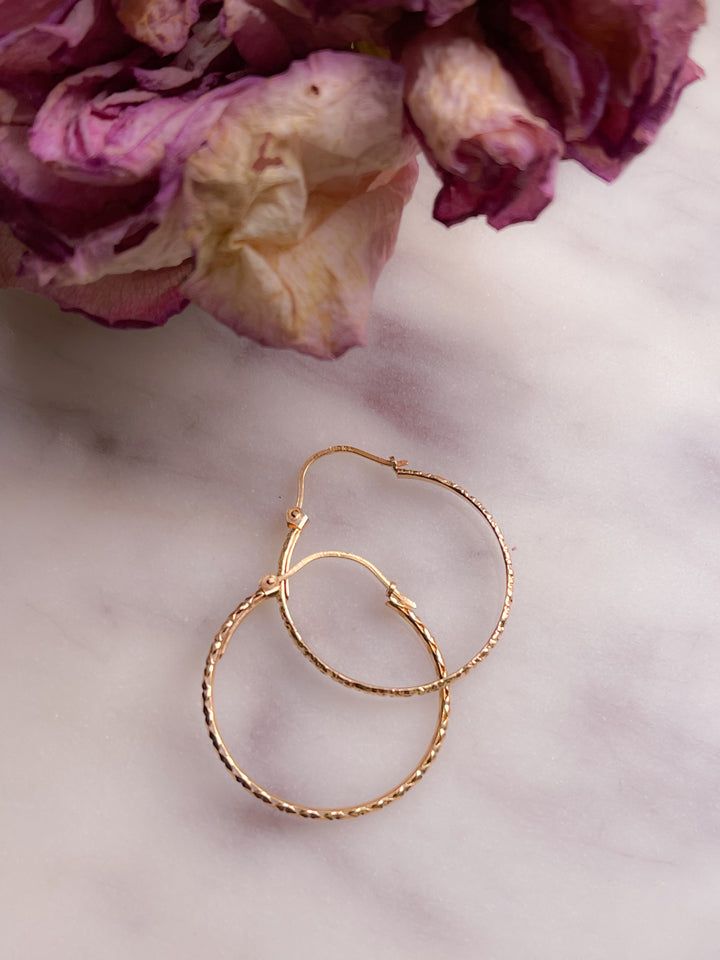 14k Vintage Floral Textured Hoops