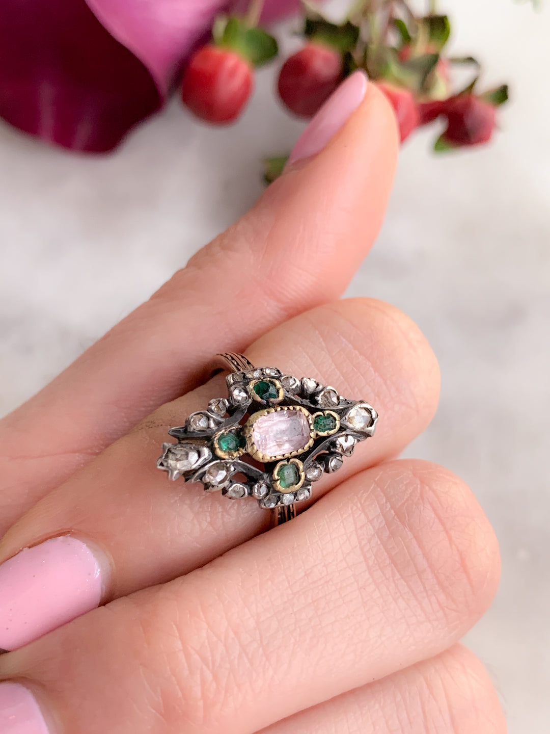 19th Century French Gemset Ring with Amethyst, Diamonds, and Emeralds