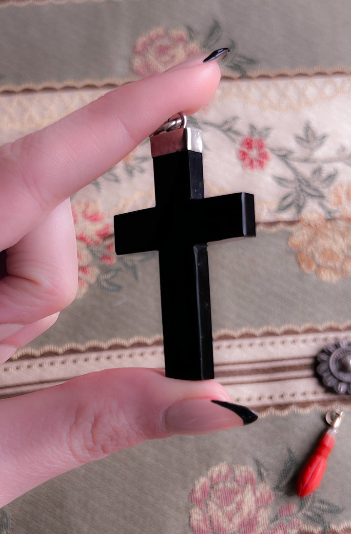 Stunning Onyx and Micromosaic Cross in Sterling