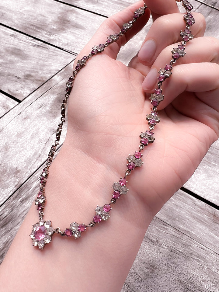 Glorious English Victorian Pink Topaz and Diamond Color Paste Collar
