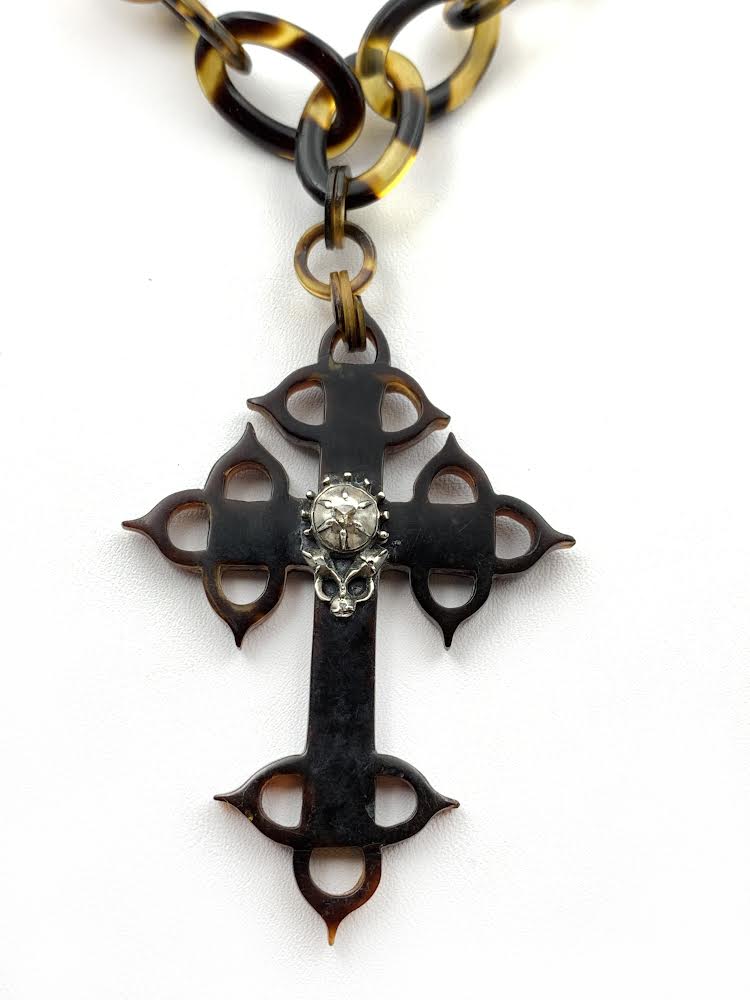 Antique Silver, Diamond & Carved Tortoise Shell Cross Pendant & Chain