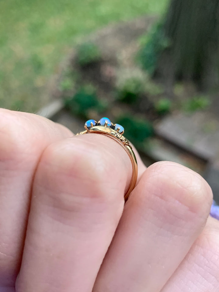 Exceptional American Australian Opal Ring in 14k + 14k Three Stone Diamond Ring