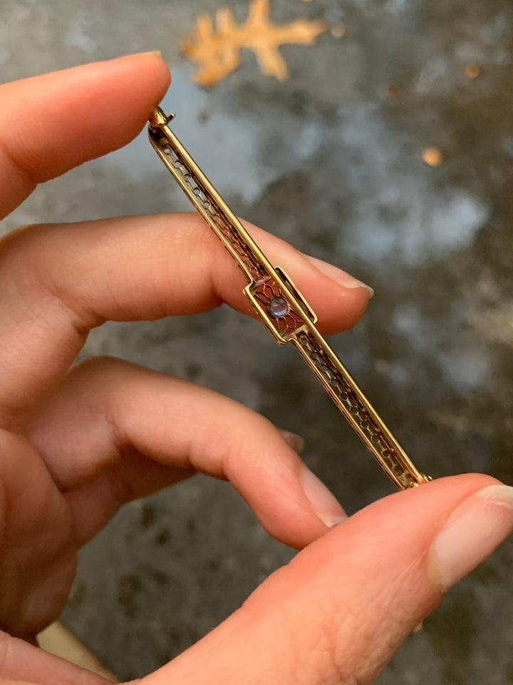 Stunning 14ct American Bar Brooch with Natural Sapphire Circa 1910, Pre-Deco, 2.25” length