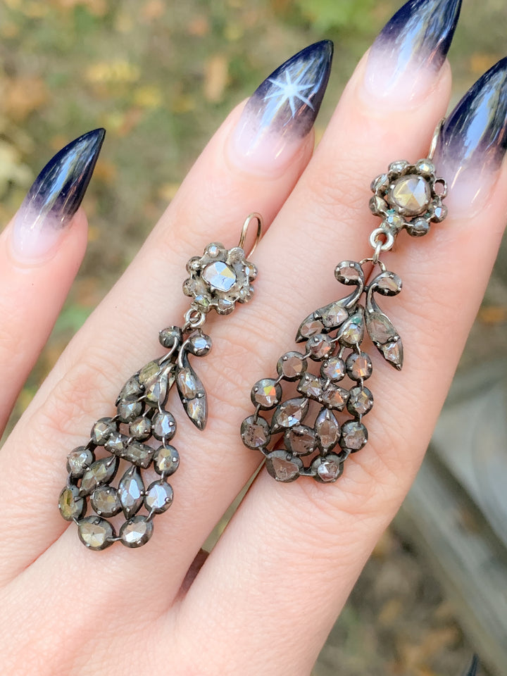 Exceptional Pair of Georgian Rose Cut Diamond Day/Night Earrings in Sterling and 14k