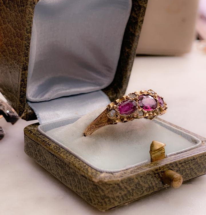 Antique 15k Tourmaline, Seed Pearl, and Paste Ring