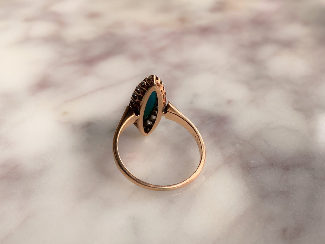 Exceptional Victorian Turquoise and Diamond Navette Ring