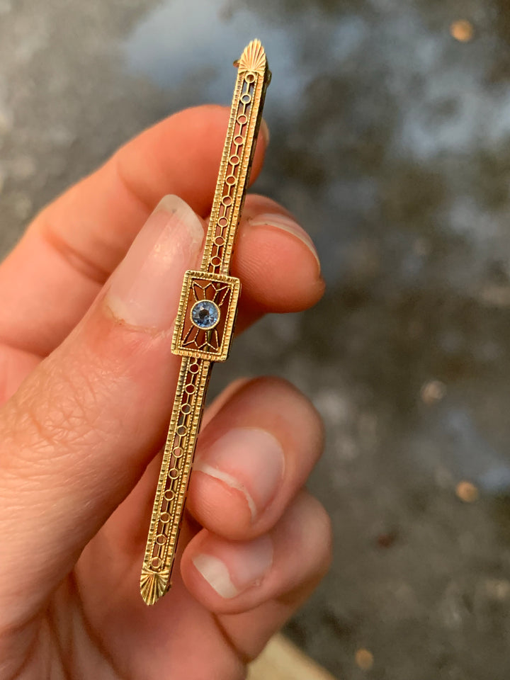 Stunning 14ct American Bar Brooch with Natural Sapphire Circa 1910, Pre-Deco, 2.25” length