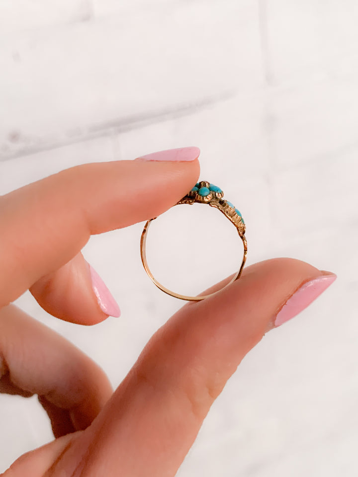 15k Outstanding Victorian Flower Ring of Turquoise and Garnet