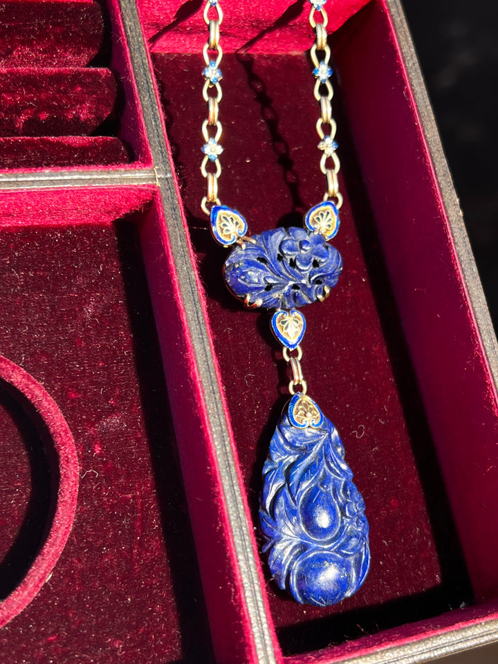 Art Deco Lapis and Enamel Lavaliere Chain in 14k