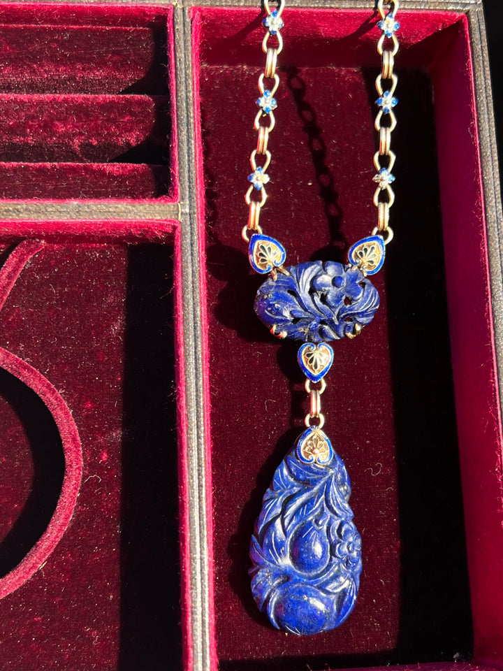 Art Deco Lapis and Enamel Lavaliere Chain in 14k