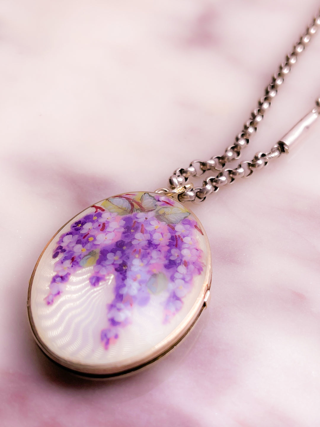 Edwardian Enamel and Sterling Silver Locket Depicting Wisteria Blooms on Verdant Vine *include purple and 'wheat' ribbon*