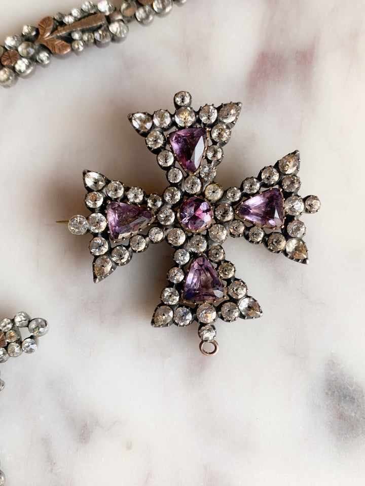 Maltese 15k Cross With Amethyst & Diamond Paste