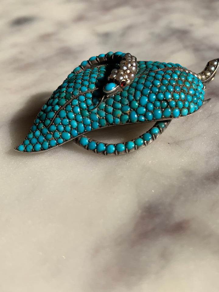 Sterling Victorian Serpent Brooch of 2” in Pearl, Turquoise and Garnet