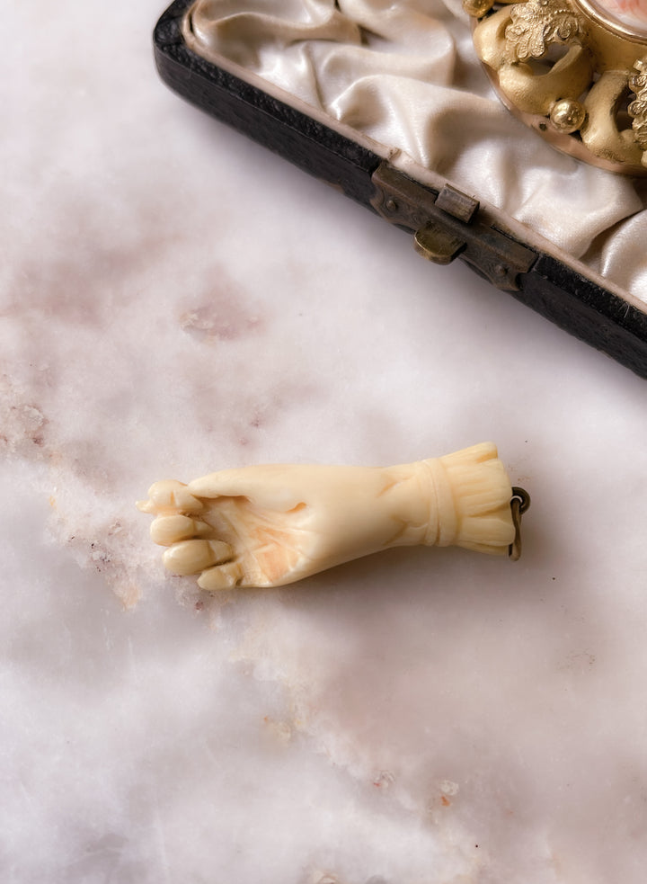 Mano Figa in Bone with Carved Cuff & Scarab & Brass Piece