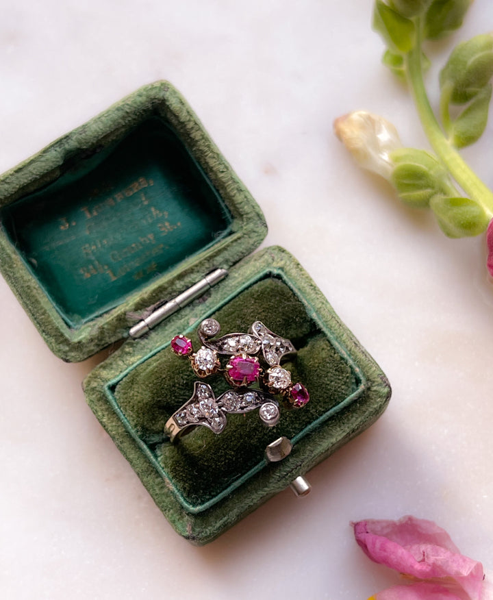 Pristine 18k Victorian Ruby and Diamond Floral Spray Ring with Silver Top