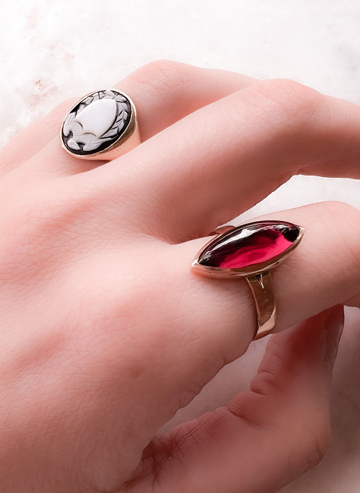 Pink Gold 14k Navette Sugarloaf Garnet Ring