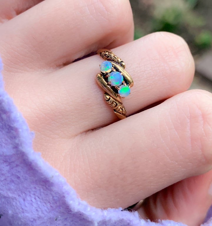 Exceptional American Australian Opal Ring in 14k + 14k Three Stone Diamond Ring
