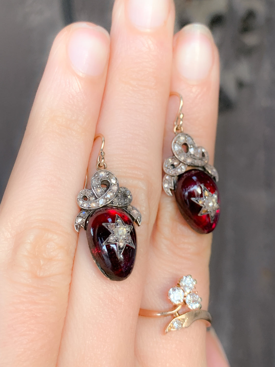 Victorian 15k Diamond and Garnet Crowned Heart Cabochon Earrings
