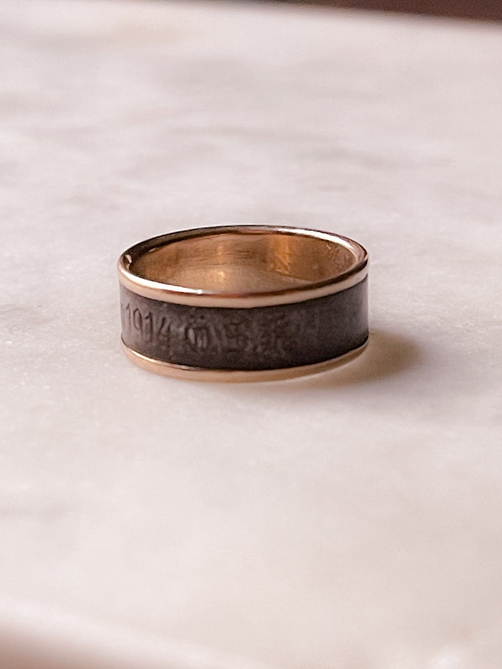 Iron & Gold Ring with German Inscription - "For Iron I Gave Gold" (INCLUDE ART NOUVEAU ROSE PEARL BROOCH)