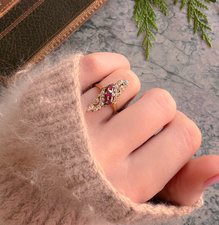 Victorian Diamond and Ruby Navette Ring