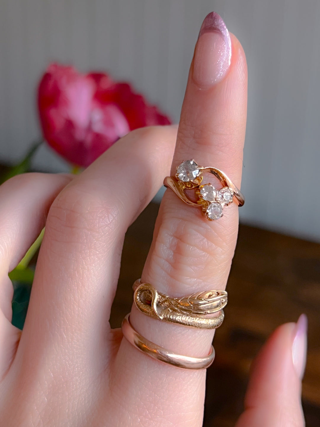 18ct Pink Gold Diamond Clover + Star Diamond Ring