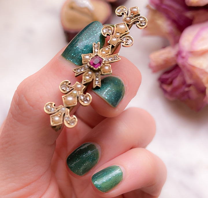 Stunning Victorian 18k Fleur De Lis Bar Brooch with Ruby, Diamonds, and Pearls *sold as combo*