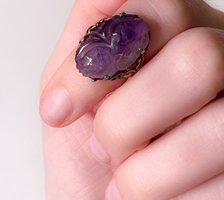 Carved Amethyst Plum Ring in 14k