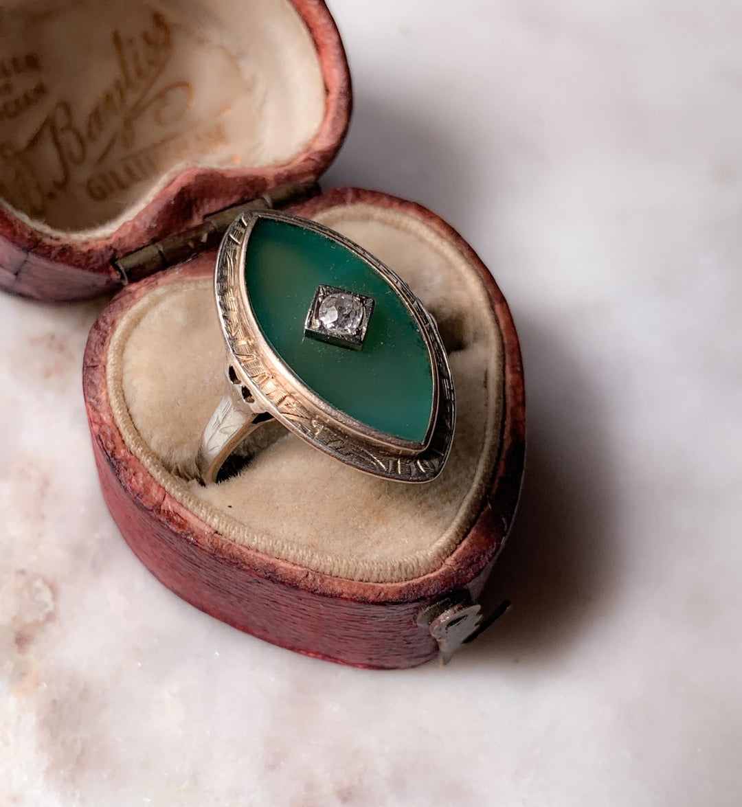Glorious Green Chrysoprase and Diamond Ring in 10k