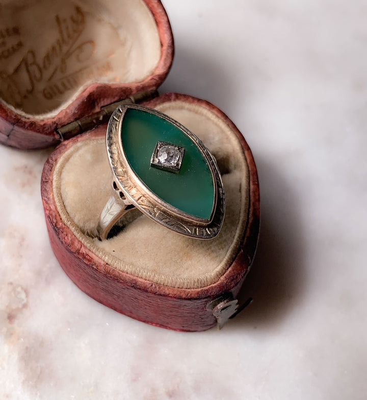 Glorious Green Chrysoprase and Diamond Ring in 10k