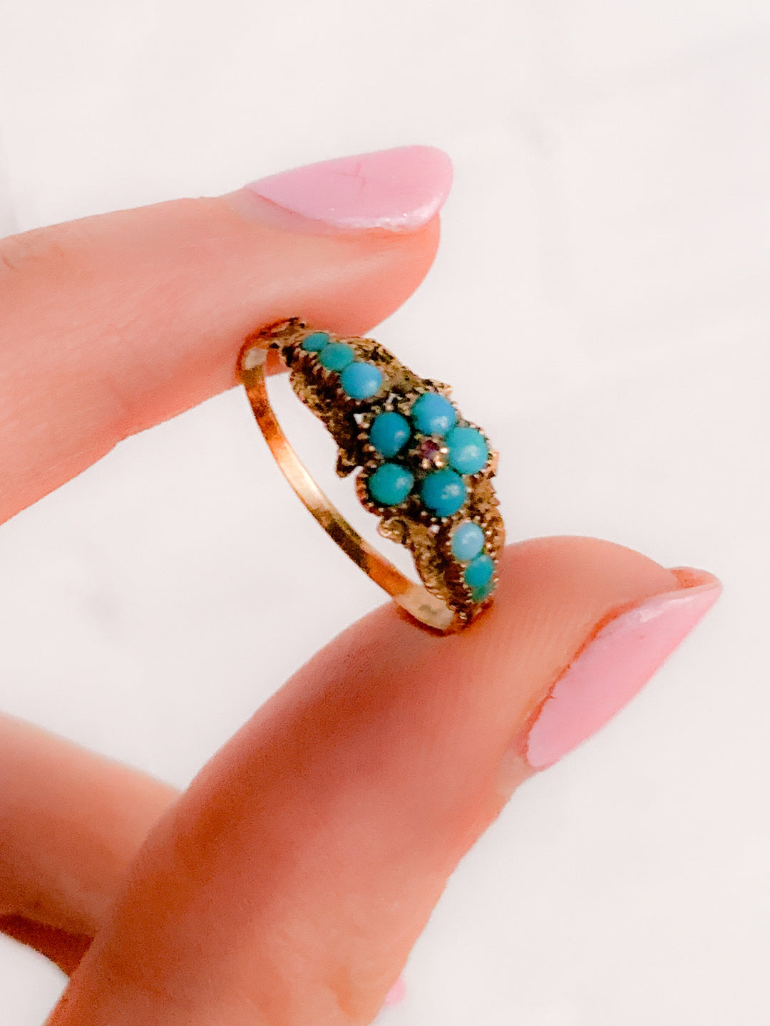 15k Outstanding Victorian Flower Ring of Turquoise and Garnet