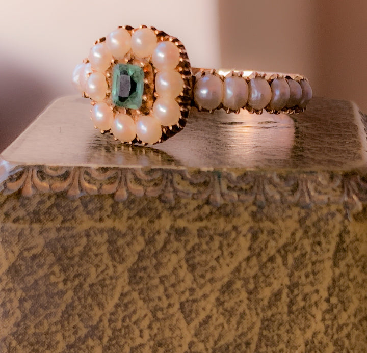 Superb Georgian Ring in 15k with Emerald Center and Pearl Halo